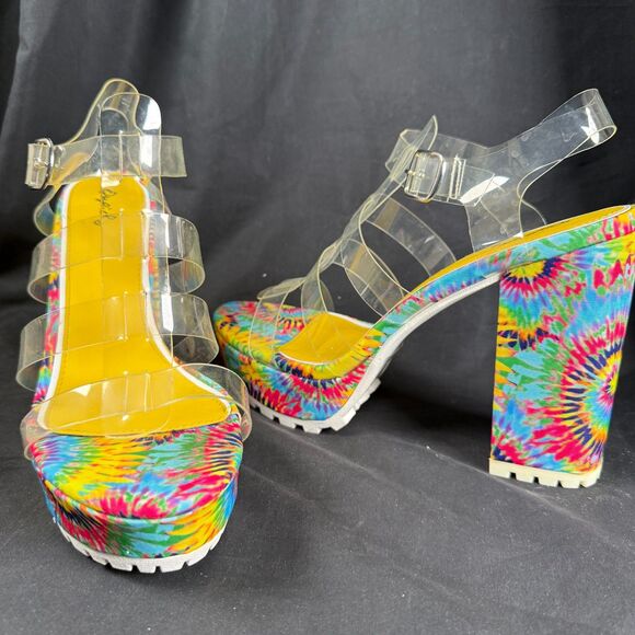 Qupid Platform Chunky 5" Heels Women's US 10 Colorful Tie-Dye Retro Clear Straps - Picture 1 of 6